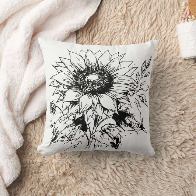 Black and white floral Wildflowers Cushion (Blanket)