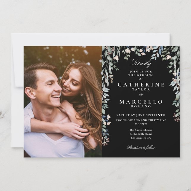 Black And White Floral Wildflowers Photo Wedding Invitation (Front)