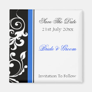 Black And White Floral With Blue Save The Date Magnet
