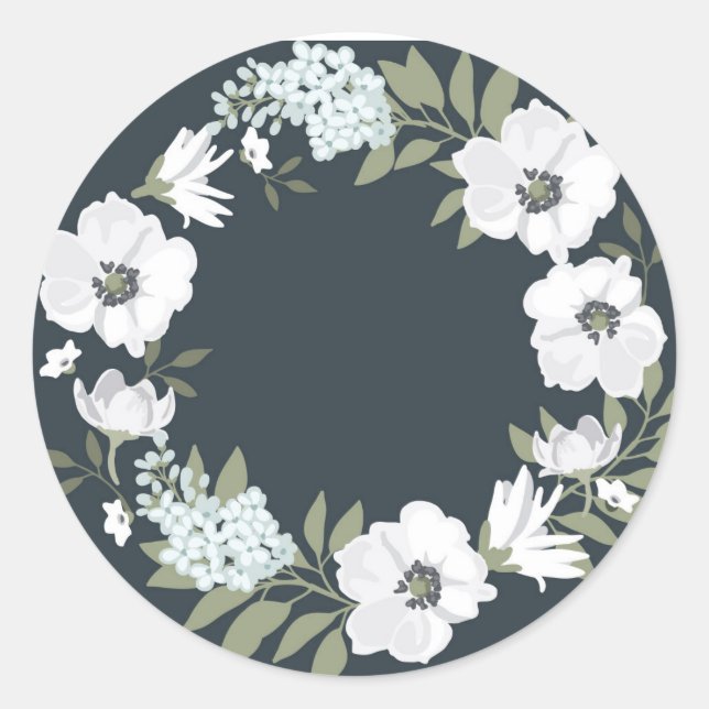 Black and White Floral Wreath Classic Round Sticker (Front)