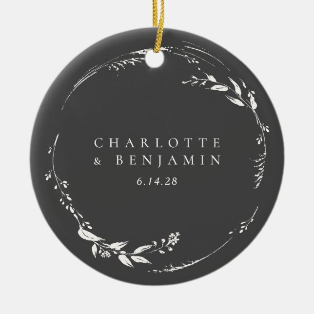 Black and White Floral Wreath Monogram Name  Ceramic Ornament (Front)