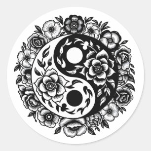 Black and White Floral Yin Yang   Classic Round Sticker