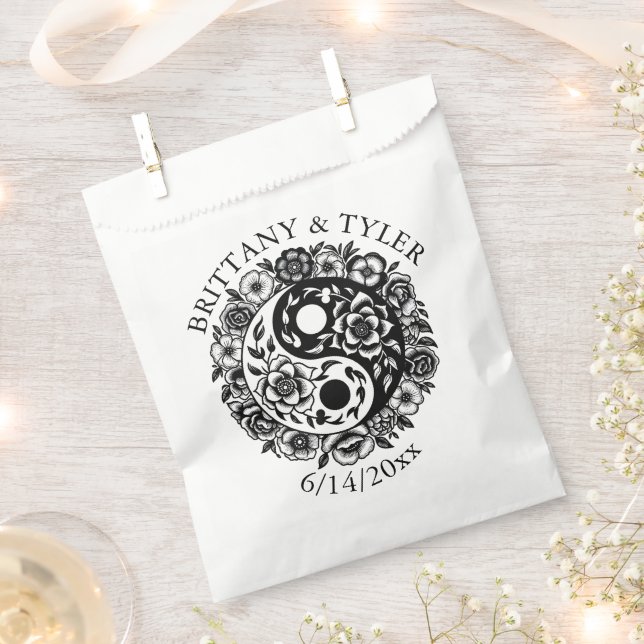 Black and White Floral Yin Yang Wedding Favour Bag (Clipped)