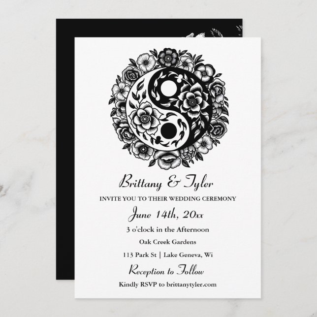 Black and White Floral Yin Yang Wedding Invitation (Front/Back)