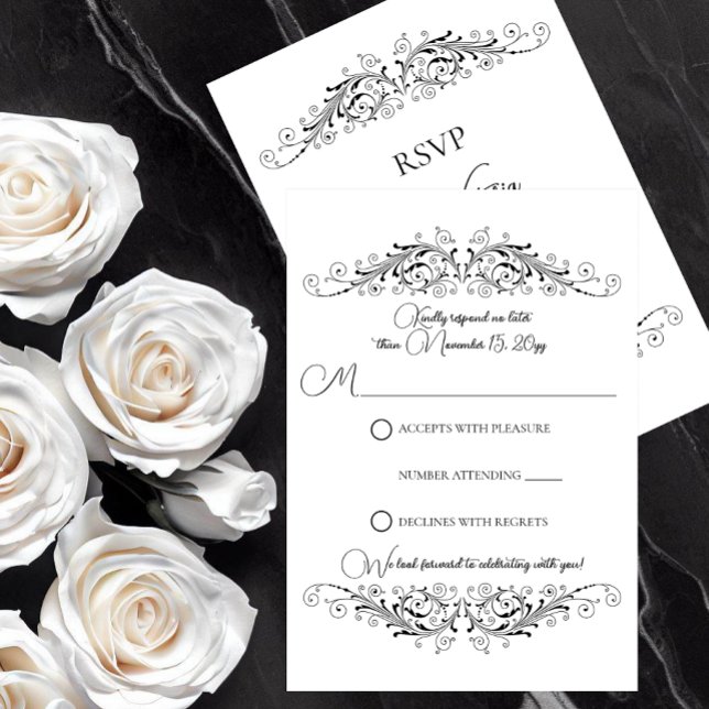 Black and White Flourish Elegance RSVP Card (Black and White Flourish Elegance RSVP card to let your guests respond to your wedding invitation.)