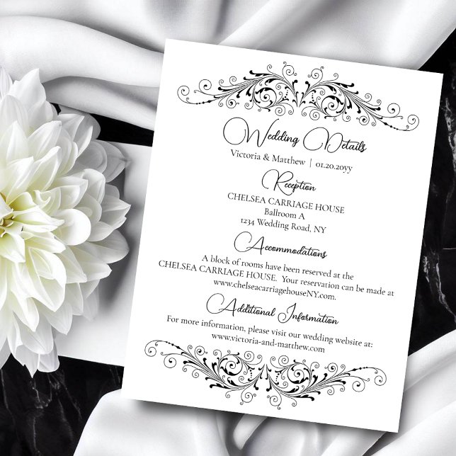 Black and White Flourish Elegance Wedding Details Enclosure Card (Black and White Flourish Elegance details card to include with your wedding invite.)