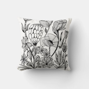 Black and white flower drawing cushion