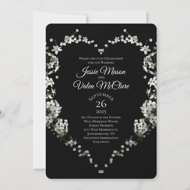 Black and White Flower Heart Gothic Wedding Invitation (Front)