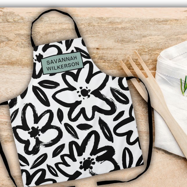 Black and white flower modern name apron (Creator Uploaded)