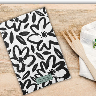 Black and white flower name tea towel