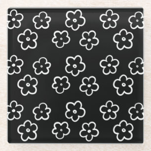 Black and White Flower Pattern Glass Coaster