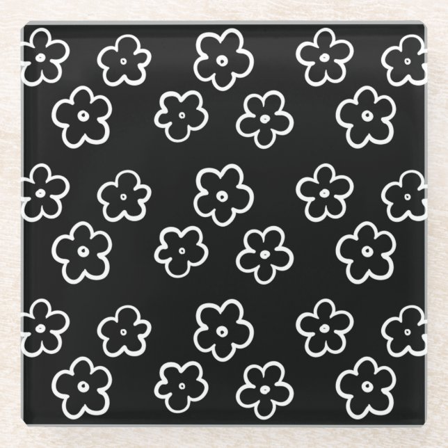 Black and White Flower Pattern Glass Coaster (Front)
