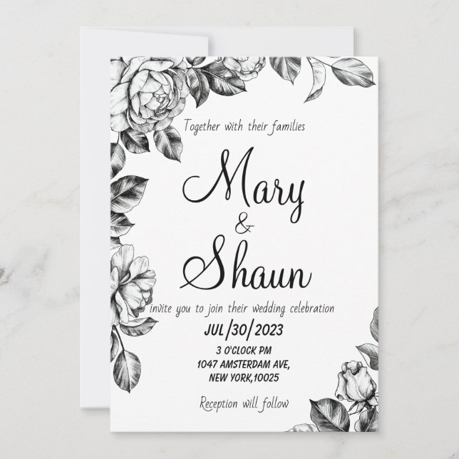 Black and White flower Wedding Invitation (Front)
