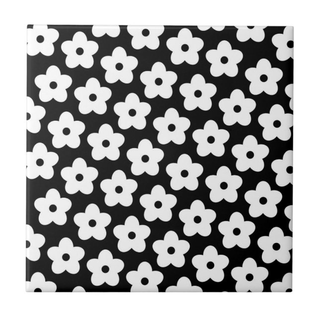 Black and White Flower Y2K Pattern Ceramic Tile (Front)