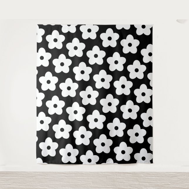 Black and White Flower Y2K Pattern Tapestry (Front)