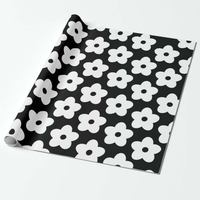 Black and White Flower Y2K Pattern Wrapping Paper (Unrolled)