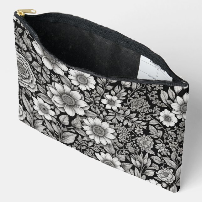 Black and white flowers and leaves accessory pouch (Open)