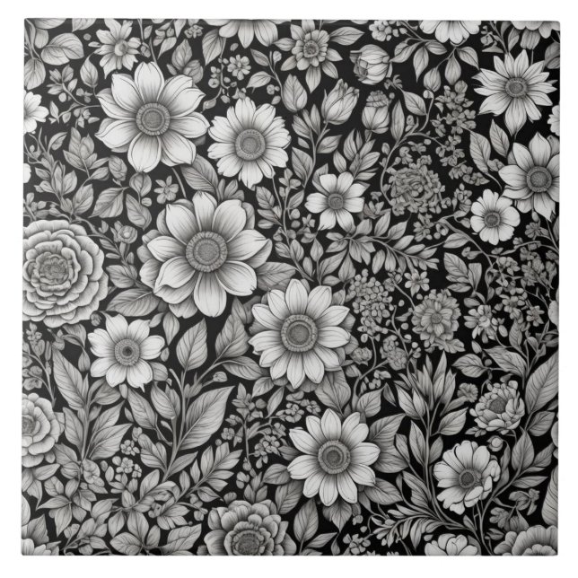 Black and white flowers and leaves ceramic tile (Front)