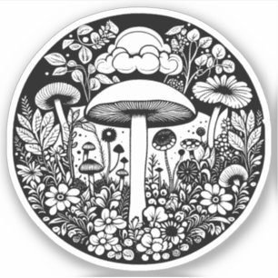 Black and White Flowers and Mushrooms Vintage