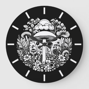 Black and White Flowers and Mushrooms Vintage Large Clock