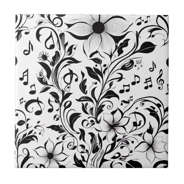 Black and White Flowers and Musical Notes Ceramic Tile (Front)