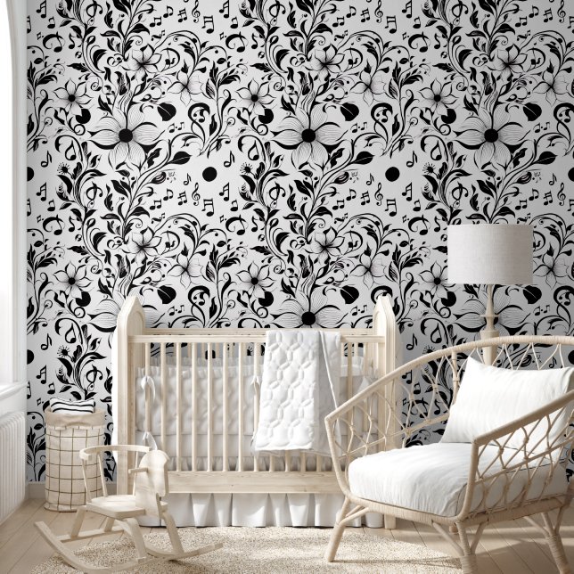 Black and White Flowers and Musical Notes Wallpaper (Kids)