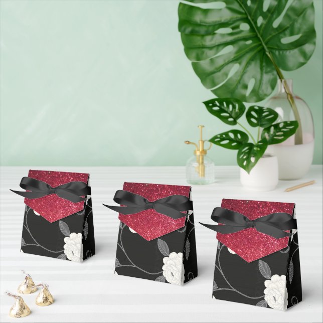 Black and White Flowers and Red Glitter Favour Box (Multiple)