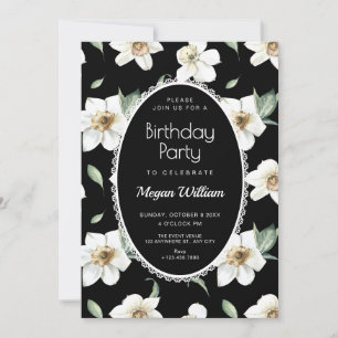 Black and white flowers birthday invitation