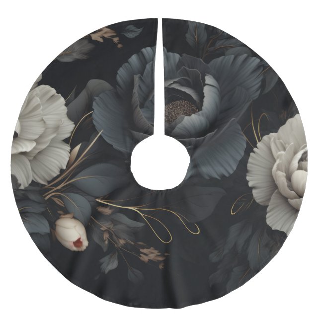 Black and White Flowers Brushed Polyester Tree Skirt (Front)