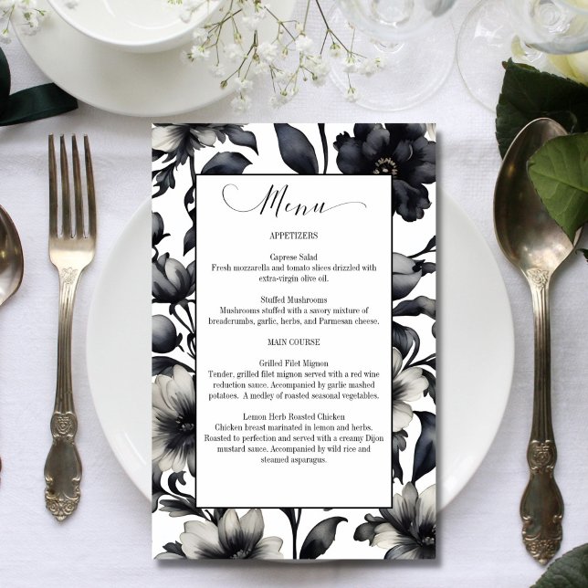 Black and white flowers elegant wedding menu (Black and white flowers elegant wedding menu car template)