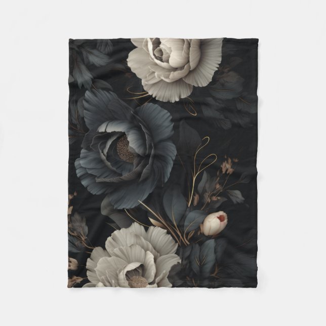Black and White Flowers Fleece Blanket (Front)