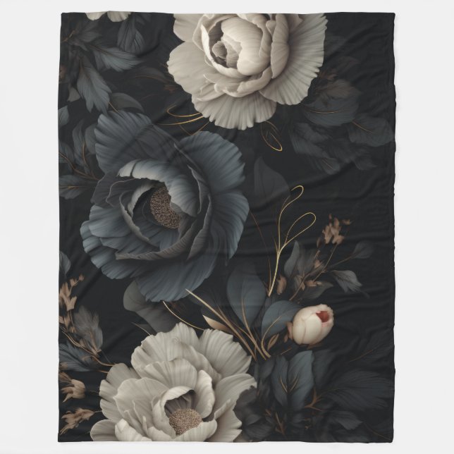 Black and White Flowers Fleece Blanket (Front)