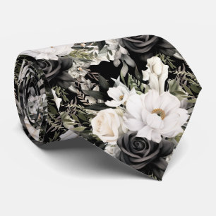 Black and White Flowers Floral Neck Tie