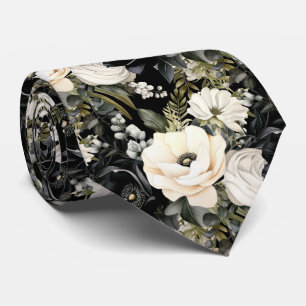 Black and White Flowers Floral Neck Tie