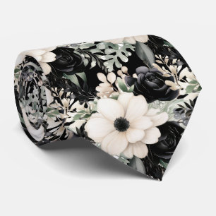 Black and White Flowers Floral Neck Tie