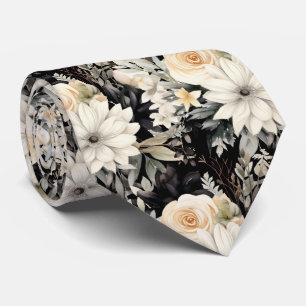 Black and White Flowers Floral Neck Tie