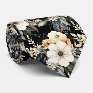 Black and White Flowers Floral Neck Tie