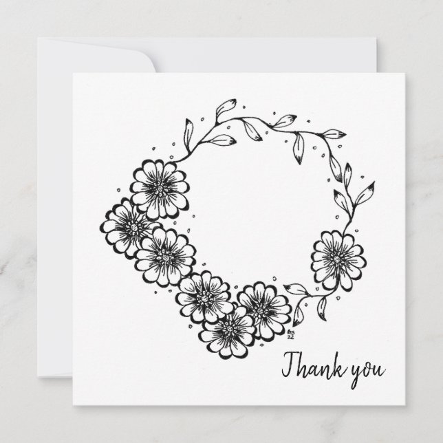 Black and White Flowers hand drawn thank you Card (Front)