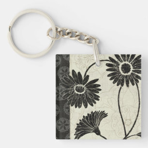 Black and White Flowers Key Ring