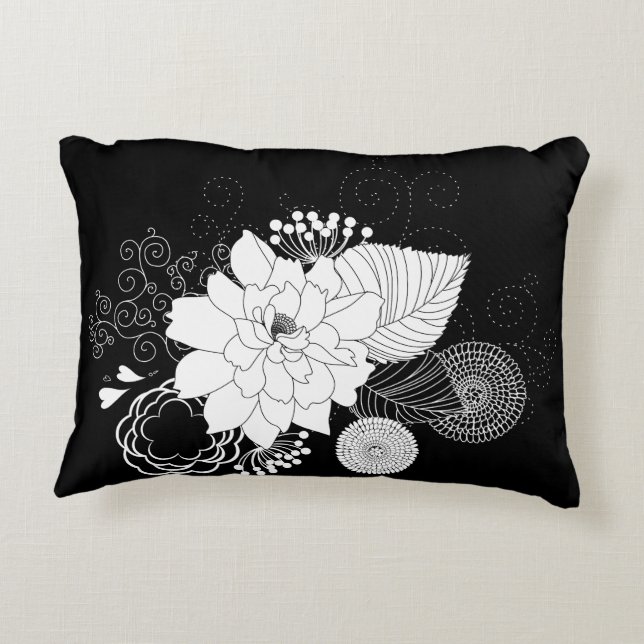 Black And White Flowers On A Black Background Decorative Cushion (Back)