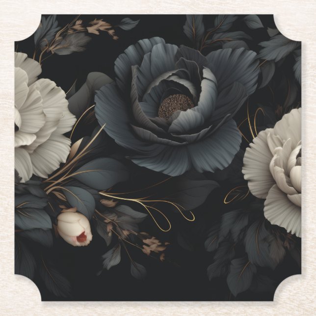 Black and White Flowers Paper Coaster (Front)