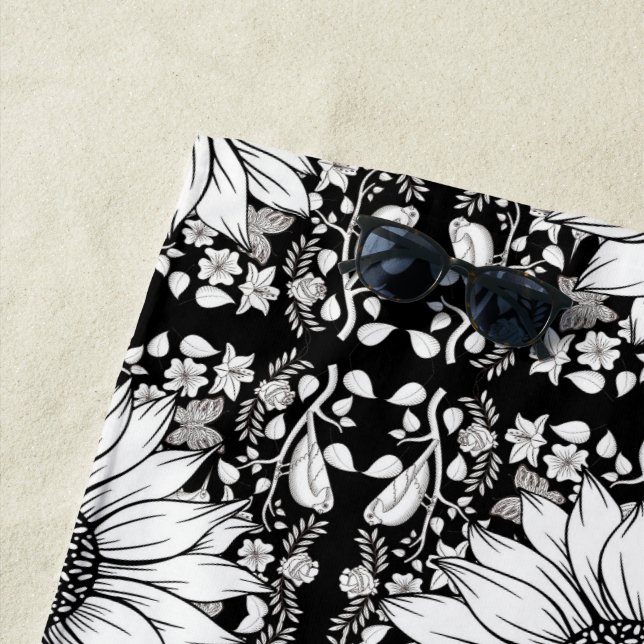 Black and White Flowers Pattern Beach Towel (In Situ)