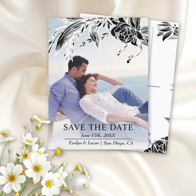 Black and white flowers photo Save the Date Postcard (Creator Uploaded)