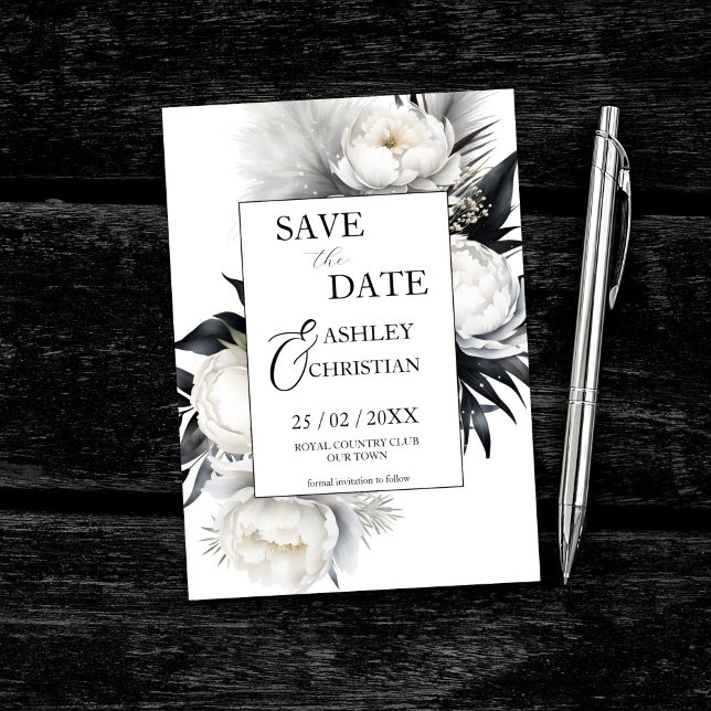 Black and white flowers photo template (Black and white peony flowers pampas grass photo editable template save the date card digital downlo)