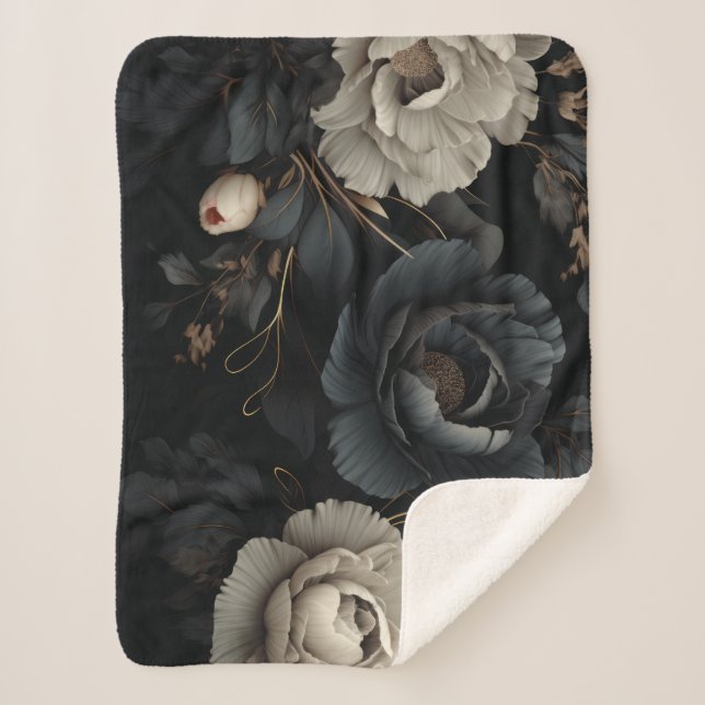 Black and White Flowers Sherpa Blanket (Front)