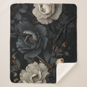 Black and White Flowers Sherpa Blanket