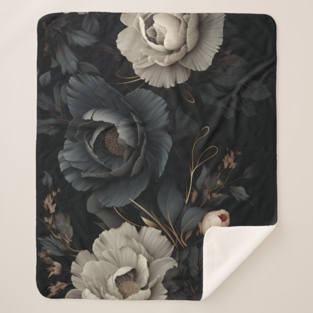 Black and White Flowers Sherpa Blanket (Front)
