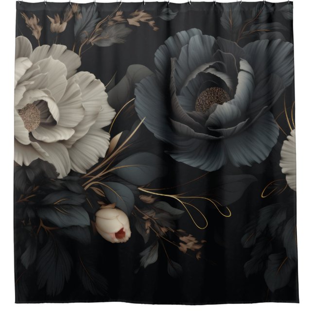 Black and White Flowers Shower Curtain (Front)