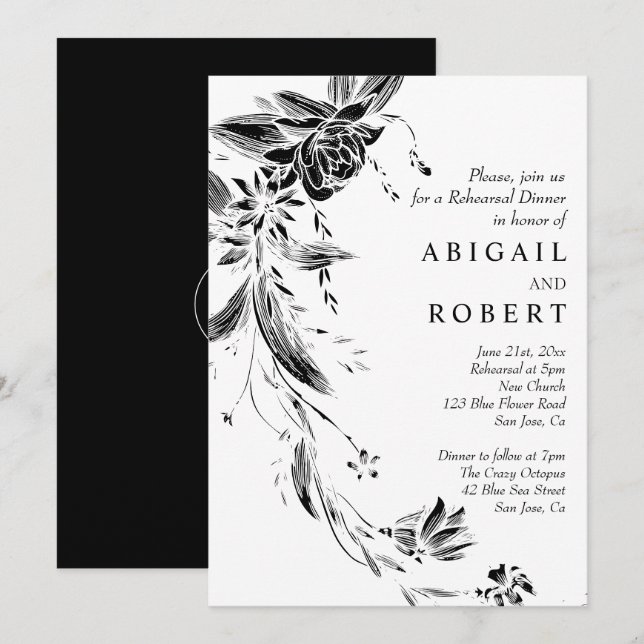 Black and white flowers wedding Rehearsal Dinner Invitation (Front/Back)
