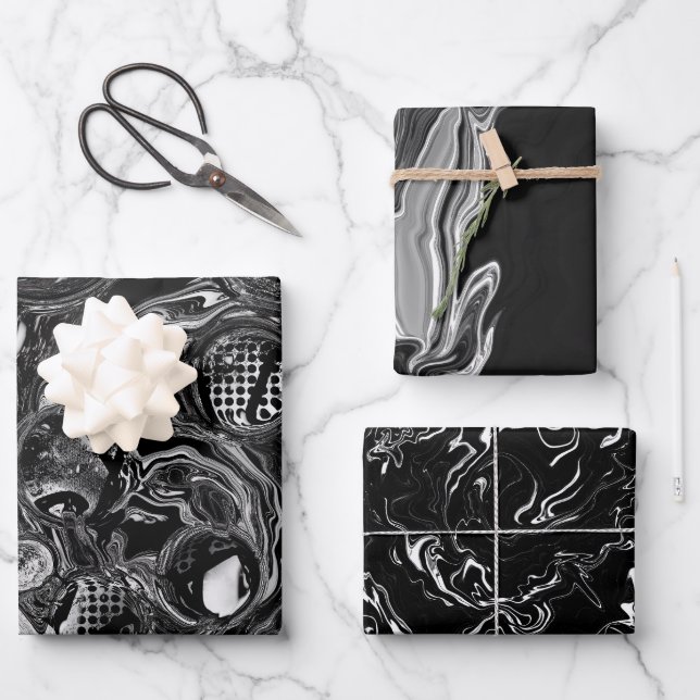 Black and White Fluid Art Modern Abstract Wrapping Paper Sheet (Front)